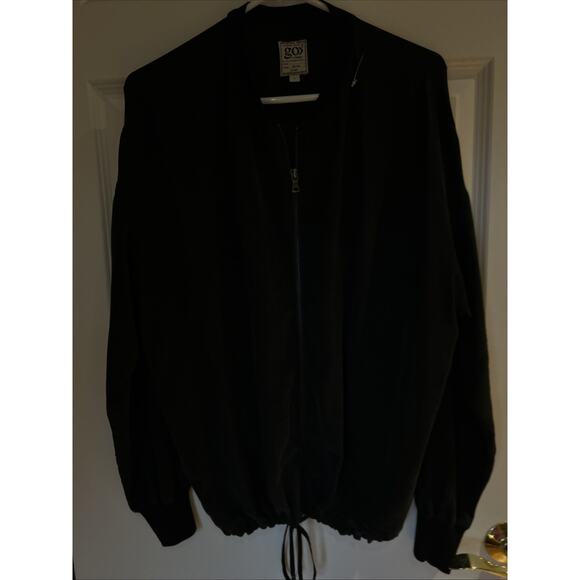 Go By GoSilk Womens Silk Full Zipper Bomber Jacket frawstring black sz L EUC - Picture 1 of 12